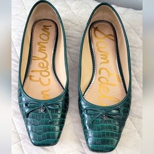 Green croc embossed square toe flat w pewter logo detail